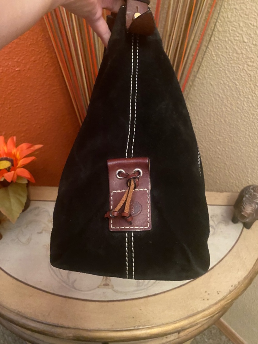 Dooney & Bourke - GUC - Black Suede Hobo with Brown Leather Trim - Picture 11 of 14